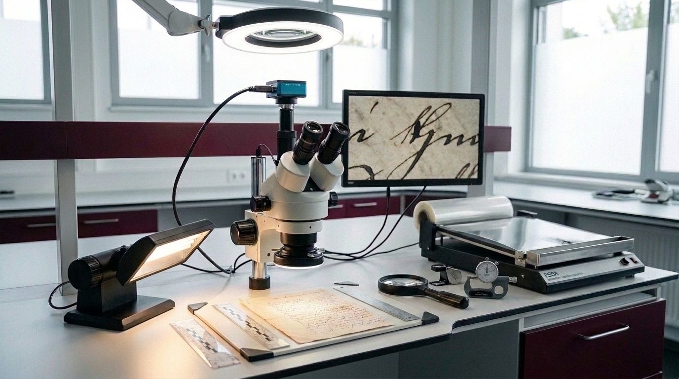 Bancada de exame documental: microscópio trinocular com câmera e monitor, iluminação dirigida e ESDA