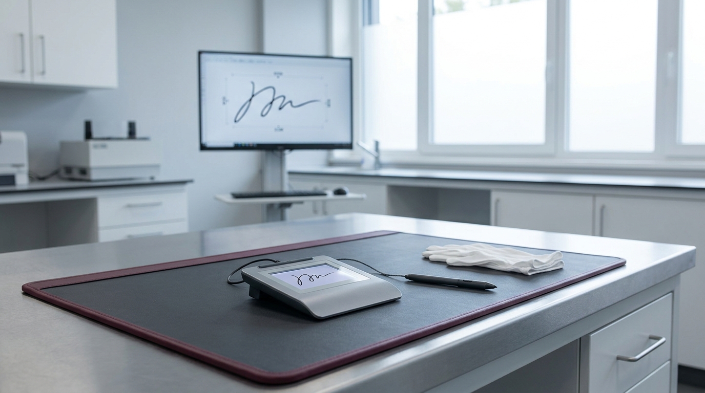 Mesa digitalizadora de coleta de assinaturas no Doc Lab, com caneta e dinâmica do gesto em análise no monitor