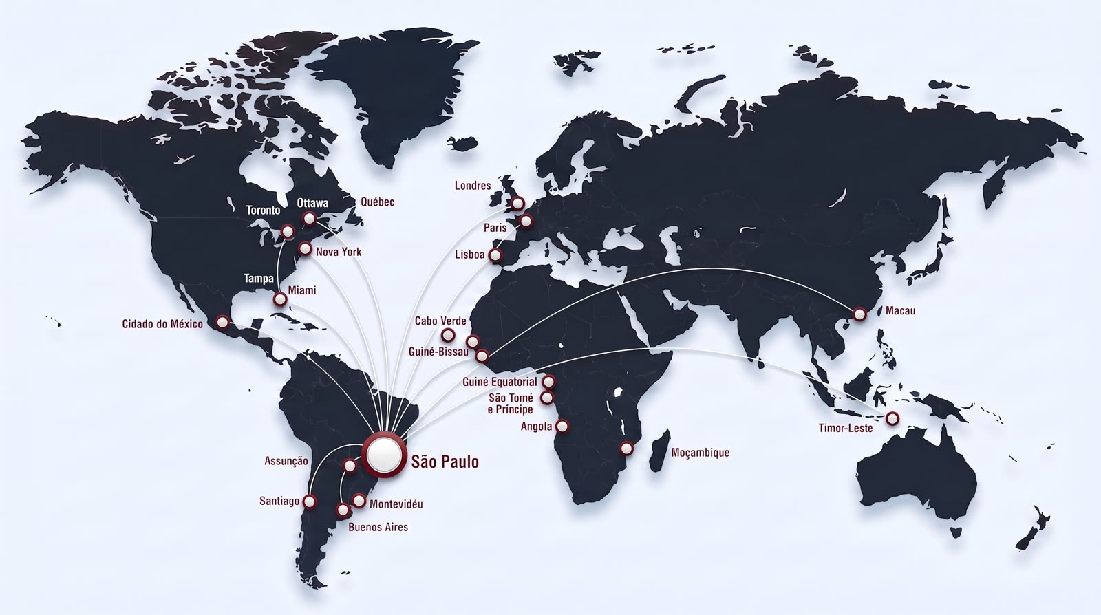 Mapa de atuação internacional da VALLIM Perícias: conexões a partir de São Paulo com América Latina, América do Norte, Europa, África lusófona, Macau e Timor-Leste
